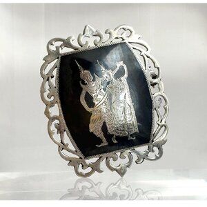 Siam Sterling Silver Vintage Hand Carved Dancing Couple Figures Thai Brooch